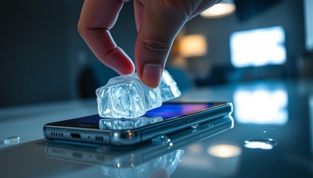 A close-up view of a Samsung Galaxy smartphone resting on a cool, reflective surface, with droplets of water cascading down its sides to suggest cooling. In the foreground, a hand in business attire gently holds an ice pack against the phone, emphasizing the immediate action to reduce heat. The background features a dimly lit room with soft ambient lighting, creating a calm, focused atmosphere. The focus is sharp on the phone and the ice pack while gently blurring the background. The camera angle is slightly tilted to showcase the device's screen and the cooling method in an engaging way. The overall mood is serene, with a sense of urgency reflected in the careful handling of the device. A close-up view of a Samsung Galaxy smartphone resting on a cool, reflective surface, with droplets of water cascading down its sides to suggest cooling. In the foreground, a hand in business attire gently holds an ice pack against the phone, emphasizing the immediate action to reduce heat. The background features a dimly lit room with soft ambient lighting, creating a calm, focused atmosphere. The focus is sharp on the phone and the ice pack while gently blurring the background. The camera angle is slightly tilted to showcase the device's screen and the cooling method in an engaging way. The overall mood is serene, with a sense of urgency reflected in the careful handling of the device.