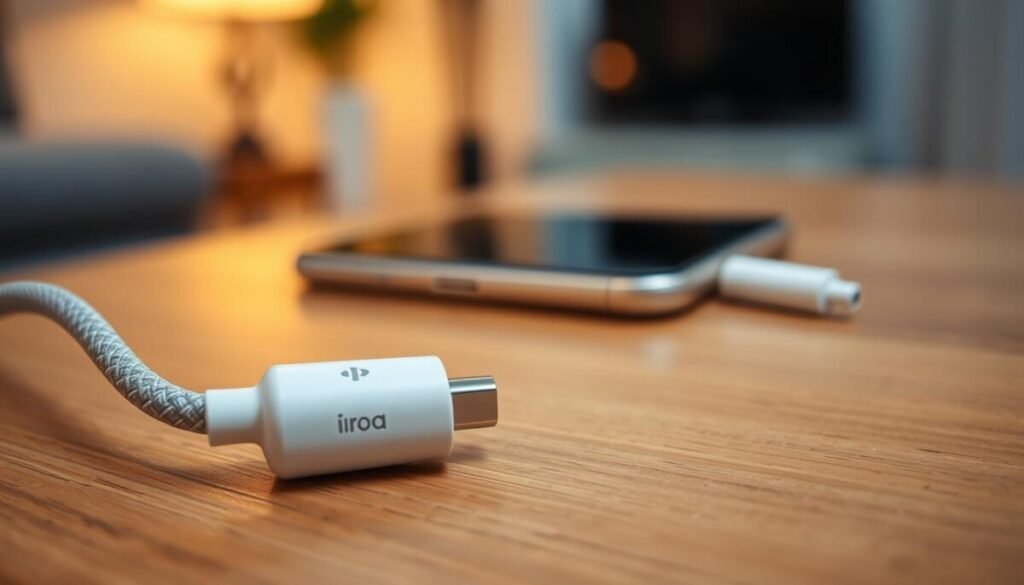 A close-up view of a charger cable lying on a wooden surface, featuring the connector end plugged into a sleek, modern smartphone. The foreground showcases intricate details of the cable's texture and color, with the brand logo subtly visible. In the middle, the illuminated smartphone screen glows softly, reflecting a warm, inviting light that highlights any signs of wear on the cable. The background is slightly blurred, suggesting a cozy home environment with ambient lighting creating a relaxed atmosphere. Use natural lighting to highlight the cable, emphasizing its importance in a high-tech context. Aim for a professional, informative mood that subtly encourages troubleshooting awareness around charging accessories.