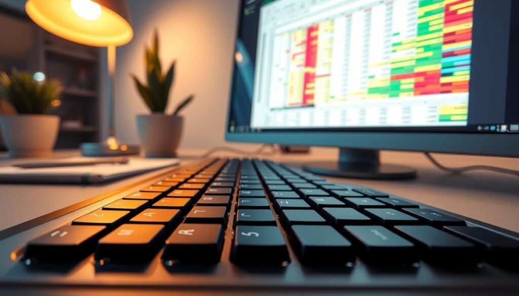 A close-up view of a computer keyboard highlighting the function keys, particularly the F1 to F12 keys, in a modern, sleek office environment. The scene includes an active Excel spreadsheet on the screen, with vibrant colors representing various data fields. The keyboard should be illuminated softly from a desk lamp, casting a warm glow to enhance the focus on the keys. In the background, a blurred view of a professional workspace with a potted plant and a notebook emphasizes productivity. The overall mood conveys efficiency and organization, suitable for an office setting. The angle is from above, capturing the keys clearly while presenting a functional yet inviting atmosphere. The image contains no text or overlays. A close-up view of a computer keyboard highlighting the function keys, particularly the F1 to F12 keys, in a modern, sleek office environment. The scene includes an active Excel spreadsheet on the screen, with vibrant colors representing various data fields. The keyboard should be illuminated softly from a desk lamp, casting a warm glow to enhance the focus on the keys. In the background, a blurred view of a professional workspace with a potted plant and a notebook emphasizes productivity. The overall mood conveys efficiency and organization, suitable for an office setting. The angle is from above, capturing the keys clearly while presenting a functional yet inviting atmosphere. The image contains no text or overlays.