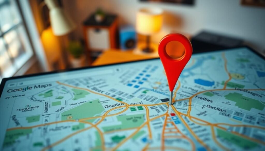 A close-up view of a computer screen displaying Google Maps, highlighting a brightly colored pin marking a specific location. The foreground features an open Google Maps window, with a clear, prominent pin dropping onto a map filled with streets, parks, and landmarks. The middle layer captures the detailed interface elements, such as the search bar and map tools, subtly blurred to emphasize the pin's importance. In the background, a cozy home office setting is visible, with warm lighting emanating from a desk lamp, giving a welcoming and productive atmosphere. The angle is slightly tilted from above, providing a bird's-eye view of the map. The overall mood is focused and informative, perfect for illustrating the action of pinning a location. A close-up view of a computer screen displaying Google Maps, highlighting a brightly colored pin marking a specific location. The foreground features an open Google Maps window, with a clear, prominent pin dropping onto a map filled with streets, parks, and landmarks. The middle layer captures the detailed interface elements, such as the search bar and map tools, subtly blurred to emphasize the pin's importance. In the background, a cozy home office setting is visible, with warm lighting emanating from a desk lamp, giving a welcoming and productive atmosphere. The angle is slightly tilted from above, providing a bird's-eye view of the map. The overall mood is focused and informative, perfect for illustrating the action of pinning a location.
