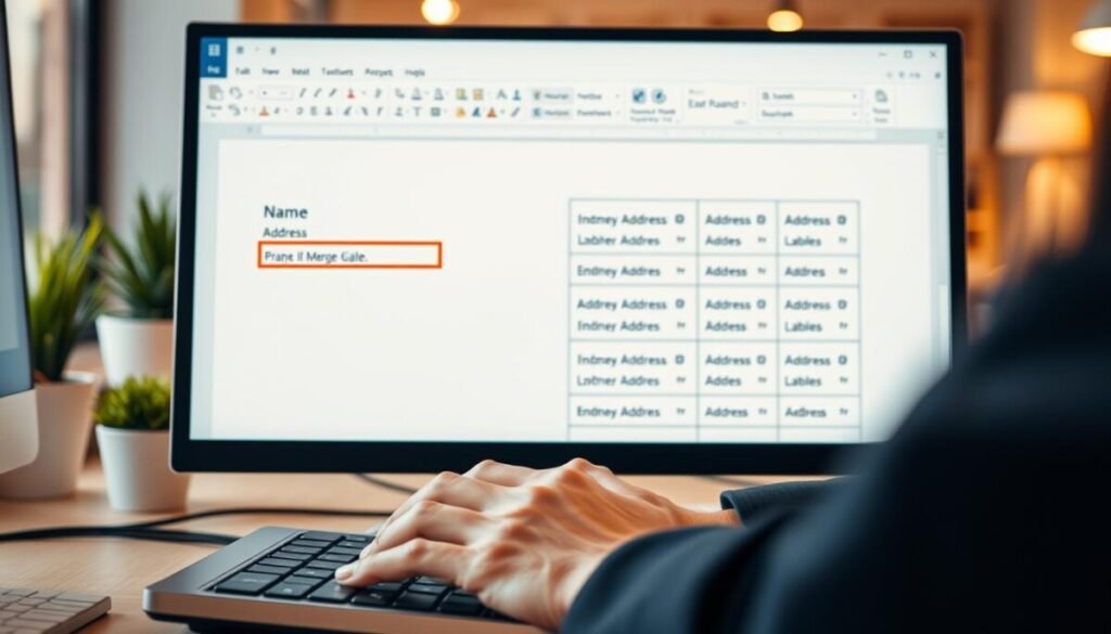 A close-up view of a computer screen displaying a Microsoft Word document with highlighted merge fields, such as "Name" and "Address." In the foreground, a person's hands are typing on the keyboard, wearing professional business attire. The middle ground features the screen displaying a vibrant preview of personalized labels ready for printing, showcasing a professional layout. The background includes a softly lit office environment with a wooden desk, potted plants, and a subtle bokeh effect to emphasize the screen. The lighting is warm, creating a focused yet inviting atmosphere, ideal for a productive workflow. The scene conveys a mood of professionalism and efficiency, perfect for illustrating the process of inserting merge fields and previewing results in a mail merge. A close-up view of a computer screen displaying a Microsoft Word document with highlighted merge fields, such as "Name" and "Address." In the foreground, a person's hands are typing on the keyboard, wearing professional business attire. The middle ground features the screen displaying a vibrant preview of personalized labels ready for printing, showcasing a professional layout. The background includes a softly lit office environment with a wooden desk, potted plants, and a subtle bokeh effect to emphasize the screen. The lighting is warm, creating a focused yet inviting atmosphere, ideal for a productive workflow. The scene conveys a mood of professionalism and efficiency, perfect for illustrating the process of inserting merge fields and previewing results in a mail merge.