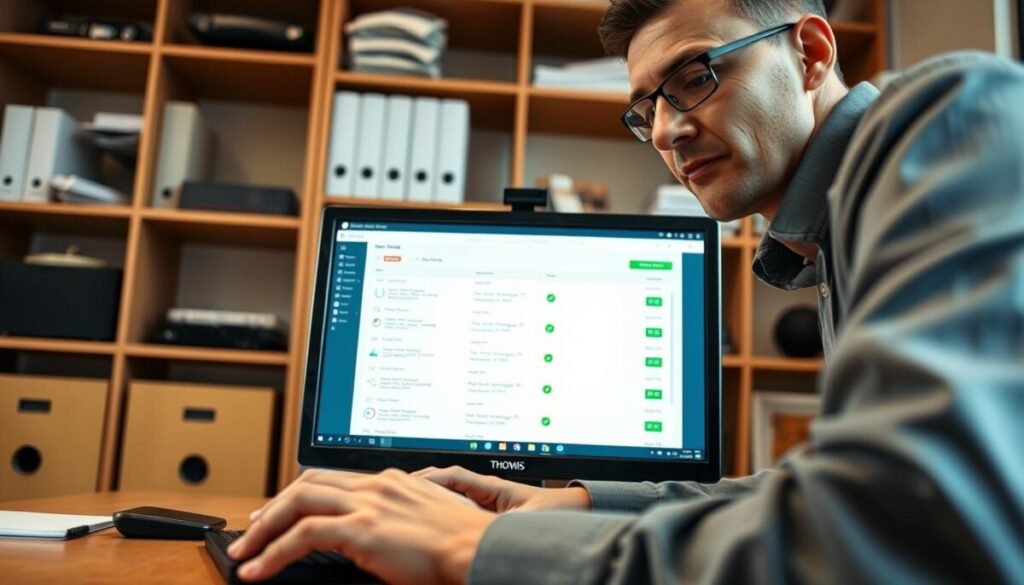 A close-up view of a computer screen displaying a graphical interface for verifying DNS records, featuring clear, colorful charts and graphs. In the foreground, a pair of hands in smart casual attire typing on a keyboard, with a focused expression on a person's face reflecting determination and expertise. The middle ground shows the computer screen's content, with DNS settings and green checkmarks indicating successful verifications. In the background, soft, warm lighting creates a professional atmosphere, while shelves with tech books and devices hint at a modern office environment. The angle is slightly tilted for a dynamic effect, emphasizing the action and engagement in the task. Overall, the image should evoke a sense of professionalism and tech-savviness. A close-up view of a computer screen displaying a graphical interface for verifying DNS records, featuring clear, colorful charts and graphs. In the foreground, a pair of hands in smart casual attire typing on a keyboard, with a focused expression on a person's face reflecting determination and expertise. The middle ground shows the computer screen's content, with DNS settings and green checkmarks indicating successful verifications. In the background, soft, warm lighting creates a professional atmosphere, while shelves with tech books and devices hint at a modern office environment. The angle is slightly tilted for a dynamic effect, emphasizing the action and engagement in the task. Overall, the image should evoke a sense of professionalism and tech-savviness.
