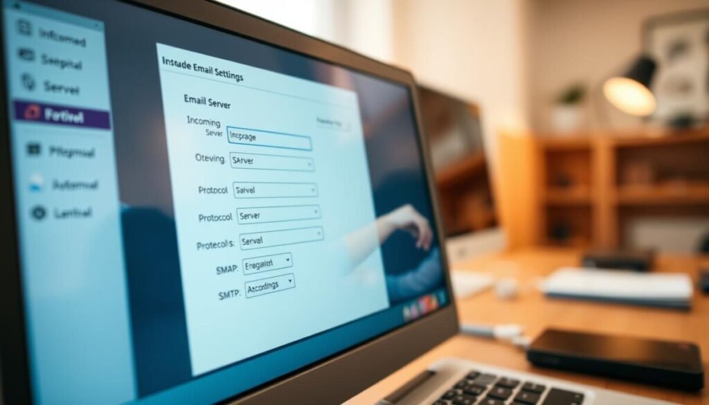 A close-up view of a computer screen displaying detailed email server settings in a user-friendly interface. In the foreground, focus on a window with sections labeled "Incoming Server", "Outgoing Server", and various protocol options (IMAP, POP3, SMTP) neatly arranged. The middle layer features a subtle reflection of hands adjusting a keyboard, indicating active engagement. In the background, a blurred home office setting with soft lighting creates a professional yet inviting mood. Use warm tones to enhance the atmosphere, showcasing a sense of clarity and focus. The angle is slightly tilted to emphasize the screen while ensuring no distractions are present, making the technical details the star of the composition. A close-up view of a computer screen displaying detailed email server settings in a user-friendly interface. In the foreground, focus on a window with sections labeled "Incoming Server", "Outgoing Server", and various protocol options (IMAP, POP3, SMTP) neatly arranged. The middle layer features a subtle reflection of hands adjusting a keyboard, indicating active engagement. In the background, a blurred home office setting with soft lighting creates a professional yet inviting mood. Use warm tones to enhance the atmosphere, showcasing a sense of clarity and focus. The angle is slightly tilted to emphasize the screen while ensuring no distractions are present, making the technical details the star of the composition.