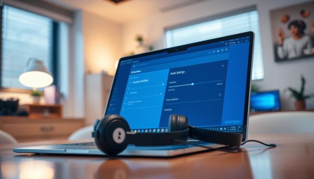 A close-up view of a computer screen displaying the Discord application, prominently featuring the audio settings menu. The foreground showcases a sleek, modern laptop with a vibrant, glowing screen showcasing the Discord interface, with sliders for audio and activity settings highlighted. In the middle ground, there should be a pair of headphones resting on a polished desk, symbolizing audio functionality. The background depicts a cozy, well-lit office space with soft, diffused lighting to create an inviting atmosphere. Use a low angle shot to emphasize the laptop screen while capturing the ambiance of productivity. The overall mood is focused and professional, inviting users to adjust their audio settings for an optimal Discord experience. A close-up view of a computer screen displaying the Discord application, prominently featuring the audio settings menu. The foreground showcases a sleek, modern laptop with a vibrant, glowing screen showcasing the Discord interface, with sliders for audio and activity settings highlighted. In the middle ground, there should be a pair of headphones resting on a polished desk, symbolizing audio functionality. The background depicts a cozy, well-lit office space with soft, diffused lighting to create an inviting atmosphere. Use a low angle shot to emphasize the laptop screen while capturing the ambiance of productivity. The overall mood is focused and professional, inviting users to adjust their audio settings for an optimal Discord experience.
