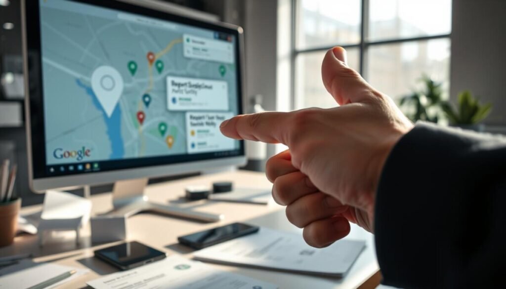 A close-up view of a computer screen displaying the Google Maps interface, prominently showing the "Report Suspicious Activity" feature. The foreground features a hand pointing at the screen, with fingers dressed in professional business attire. In the middle ground, a desk cluttered with paperwork and a smartphone is visible, emphasizing a serious work environment. The background reveals a modern office setting with soft, natural lighting filtering through a window, casting gentle shadows. The atmosphere is focused and purposeful, reflecting diligence and the importance of addressing suspicious online activity. The image captures the essence of professionalism and vigilance in digital interactions, promoting a sense of trust and security.