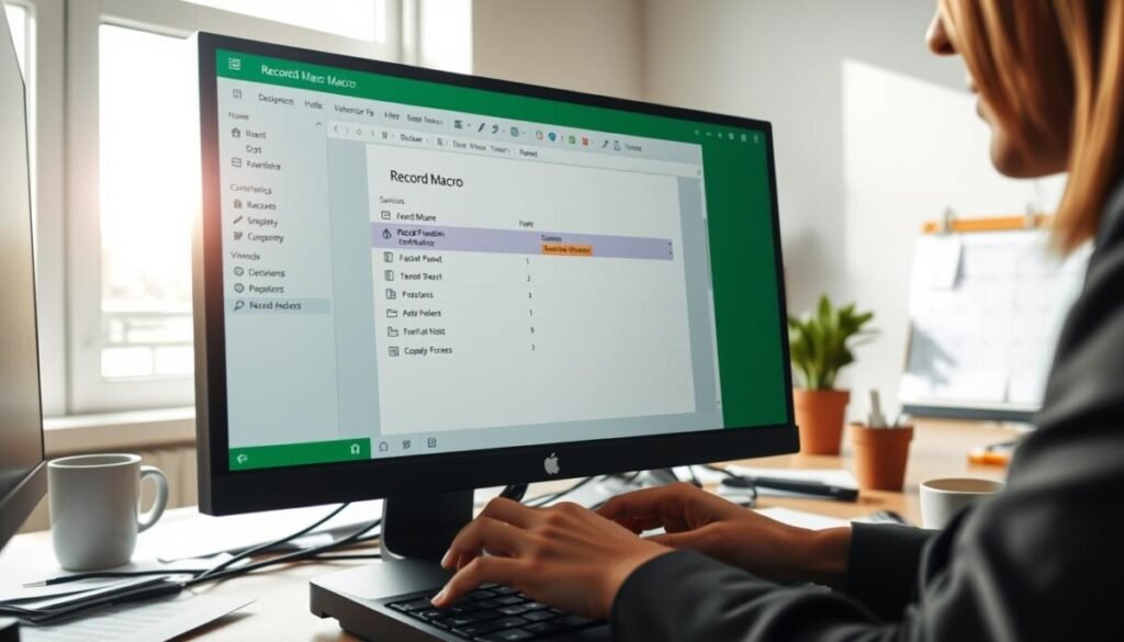 A close-up view of a computer screen displaying the "Record Macro" window in Excel, with a vibrant user interface featuring buttons and options highlighted. In the foreground, a professional woman in smart casual attire is seen engaging with the software, her hands poised over the keyboard, focused and attentive. Bright, natural light streams in from a nearby window, creating a warm atmosphere. In the middle ground, scattered papers and a coffee mug add to the productive workspace vibe. The background features a neatly organized desk with a potted plant and a calendar, subtly suggesting organization and productivity. The angle is slightly tilted to give a dynamic perspective on both the screen and the user, emphasizing the action of recording a macro and the excitement of automation.
