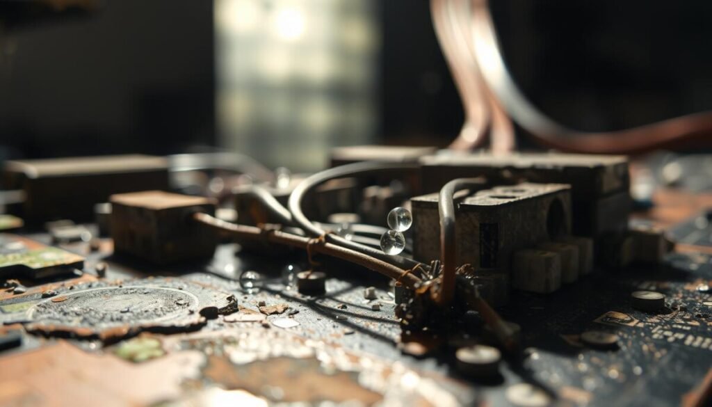 A close-up view of a corroded electronic circuit board, highlighting areas of rust and deterioration. The foreground features intricate details of the metal components, with visible green and brown oxidization patches. In the middle ground, wires and exposed circuitry reflect signs of wear, while tiny droplets of water cling onto the surface, suggesting moisture exposure. The background is softly blurred, depicting a dimly lit environment that evokes a sense of neglect. The lighting is dramatic, with a strong light source casting shadows that enhance the textures of the corrosion. The mood is somber and scientific, effectively illustrating the gradual process of internal corrosion. The angle is slightly tilted, drawing the viewer's eye toward the areas with the most damage, inviting curiosity and concern. A close-up view of a corroded electronic circuit board, highlighting areas of rust and deterioration. The foreground features intricate details of the metal components, with visible green and brown oxidization patches. In the middle ground, wires and exposed circuitry reflect signs of wear, while tiny droplets of water cling onto the surface, suggesting moisture exposure. The background is softly blurred, depicting a dimly lit environment that evokes a sense of neglect. The lighting is dramatic, with a strong light source casting shadows that enhance the textures of the corrosion. The mood is somber and scientific, effectively illustrating the gradual process of internal corrosion. The angle is slightly tilted, drawing the viewer's eye toward the areas with the most damage, inviting curiosity and concern.