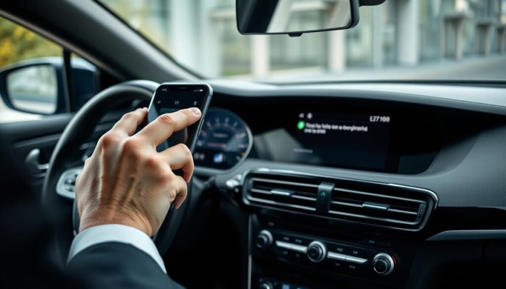 A close-up view of a dashboard displaying an Android Auto interface, with a smartphone plugged into a car's USB port, highlighting connectivity issues. In the foreground, a hand in a professional business attire is adjusting the car's settings, looking focused and thoughtful. In the middle ground, the dashboard controls, including buttons and screen icons, are clearly visible, with a faint error icon on the screen to imply troubleshooting. The background features the interior of a modern car, softly lit with natural light filtering through the windows, creating a calm and technical atmosphere. The angle is slightly tilted to emphasize both the dashboard and the smartphone. Overall, the image conveys a serious, problem-solving mood, suitable for a troubleshooting context. A close-up view of a dashboard displaying an Android Auto interface, with a smartphone plugged into a car's USB port, highlighting connectivity issues. In the foreground, a hand in a professional business attire is adjusting the car's settings, looking focused and thoughtful. In the middle ground, the dashboard controls, including buttons and screen icons, are clearly visible, with a faint error icon on the screen to imply troubleshooting. The background features the interior of a modern car, softly lit with natural light filtering through the windows, creating a calm and technical atmosphere. The angle is slightly tilted to emphasize both the dashboard and the smartphone. Overall, the image conveys a serious, problem-solving mood, suitable for a troubleshooting context.