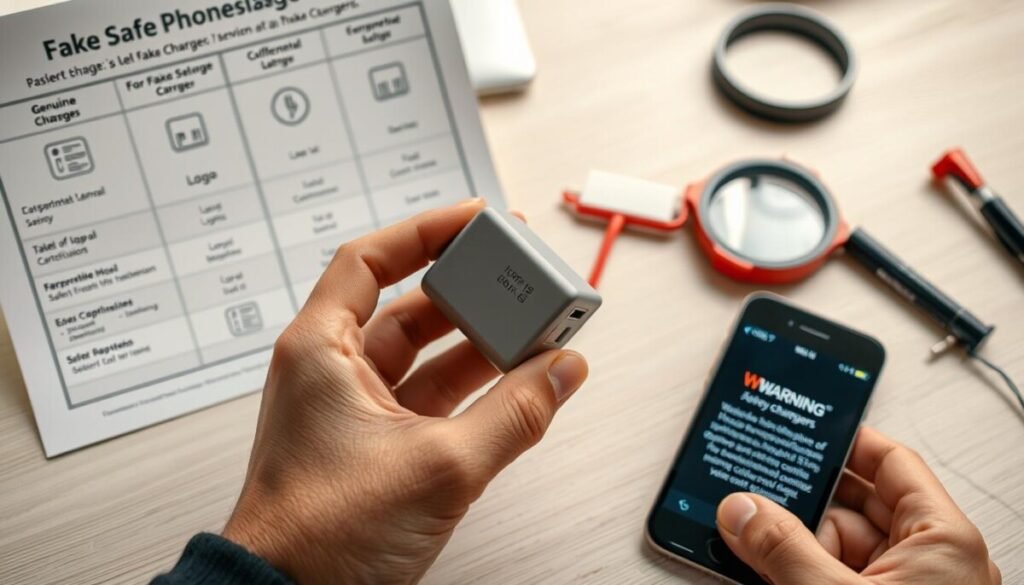 A close-up view of a desk where a person inspects a fake phone charger. In the foreground, a pair of hands hold a plastic charger unit, examining the labeling and connectors for inconsistencies. To the side, a detailed comparison chart shows differences between genuine and counterfeit chargers, emphasizing logos and safety certifications. The middle ground features a smartphone displaying a warning message about using fake chargers, while tools like a multimeter and magnifying glass hint at the inspection process. The background is softly blurred, showing a clean workspace with soft, natural lighting to create an informative and focused atmosphere. The image has an educational mood, encouraging careful scrutiny and awareness. A close-up view of a desk where a person inspects a fake phone charger. In the foreground, a pair of hands hold a plastic charger unit, examining the labeling and connectors for inconsistencies. To the side, a detailed comparison chart shows differences between genuine and counterfeit chargers, emphasizing logos and safety certifications. The middle ground features a smartphone displaying a warning message about using fake chargers, while tools like a multimeter and magnifying glass hint at the inspection process. The background is softly blurred, showing a clean workspace with soft, natural lighting to create an informative and focused atmosphere. The image has an educational mood, encouraging careful scrutiny and awareness.