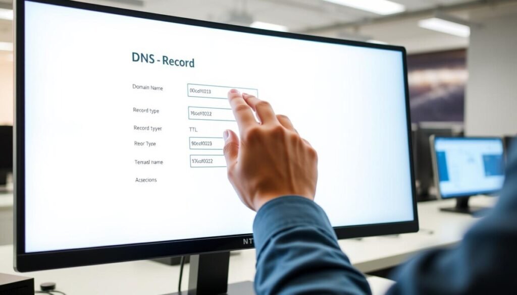 A close-up view of a digital DNS record interface displayed on a sleek computer monitor. The foreground features a bright, user-friendly graphical representation of DNS settings, including fields for domain name, record type, and TTL. In the middle, a subtle hand adjusts the settings, wearing smart casual attire, emphasizing a professional environment. The background shows a softly blurred office setting with faint outlines of computers and networking equipment, creating a tech-savvy atmosphere. The lighting is bright and focused on the screen, highlighting the intricate details within the DNS record. The overall mood is one of clarity and technological proficiency, ideal for illustrating the concept of domain verification. A close-up view of a digital DNS record interface displayed on a sleek computer monitor. The foreground features a bright, user-friendly graphical representation of DNS settings, including fields for domain name, record type, and TTL. In the middle, a subtle hand adjusts the settings, wearing smart casual attire, emphasizing a professional environment. The background shows a softly blurred office setting with faint outlines of computers and networking equipment, creating a tech-savvy atmosphere. The lighting is bright and focused on the screen, highlighting the intricate details within the DNS record. The overall mood is one of clarity and technological proficiency, ideal for illustrating the concept of domain verification.