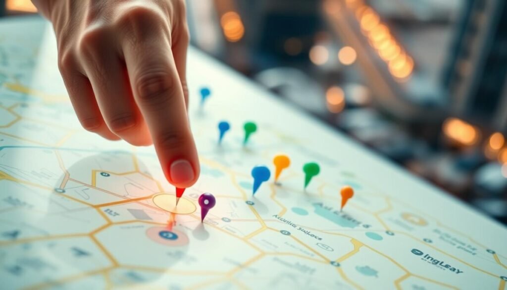 A close-up view of a digital map interface showcasing several colorful pins scattered across various locations. In the foreground, a prominent red pin glows softly, symbolizing an active location while other pins are in blue, green, and yellow hues, representing saved spots. The middle section features a hand hovering over the screen, poised to interact with the map. The background displays a soft-focus view of an urban landscape, suggesting a busy city environment. The lighting is bright yet warm, enhancing the visibility of the map details. Capture the image from a slightly elevated angle, evoking an atmosphere of organization and exploration. The overall mood should feel inviting and engaging, appealing to users interested in navigating and sharing locations effectively. A close-up view of a digital map interface showcasing several colorful pins scattered across various locations. In the foreground, a prominent red pin glows softly, symbolizing an active location while other pins are in blue, green, and yellow hues, representing saved spots. The middle section features a hand hovering over the screen, poised to interact with the map. The background displays a soft-focus view of an urban landscape, suggesting a busy city environment. The lighting is bright yet warm, enhancing the visibility of the map details. Capture the image from a slightly elevated angle, evoking an atmosphere of organization and exploration. The overall mood should feel inviting and engaging, appealing to users interested in navigating and sharing locations effectively.