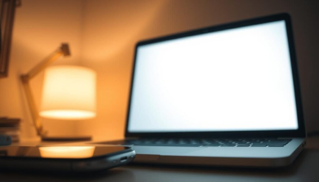 A close-up view of a digital screen displaying varying levels of brightness, representing the concept of screen brightness control. In the foreground, there’s a smartphone, clearly showing a bright display with vivid colors and a slight glare reflecting off its surface. The middle ground captures a blurred laptop screen, with its brightness fluctuating, transitioning from soft tones to bright white, illustrating the issue of brightness fluctuations. The background features a dimly lit room with a desk lamp casting a warm glow, enhancing the contrast between the screens. The atmosphere is one of contemplation and technology, inviting viewers to think about the impact of screen brightness on their eyes. The composition is shot with a shallow depth of field, focusing sharply on the devices, while the lighting emphasizes the variations without harsh shadows. A close-up view of a digital screen displaying varying levels of brightness, representing the concept of screen brightness control. In the foreground, there’s a smartphone, clearly showing a bright display with vivid colors and a slight glare reflecting off its surface. The middle ground captures a blurred laptop screen, with its brightness fluctuating, transitioning from soft tones to bright white, illustrating the issue of brightness fluctuations. The background features a dimly lit room with a desk lamp casting a warm glow, enhancing the contrast between the screens. The atmosphere is one of contemplation and technology, inviting viewers to think about the impact of screen brightness on their eyes. The composition is shot with a shallow depth of field, focusing sharply on the devices, while the lighting emphasizes the variations without harsh shadows.