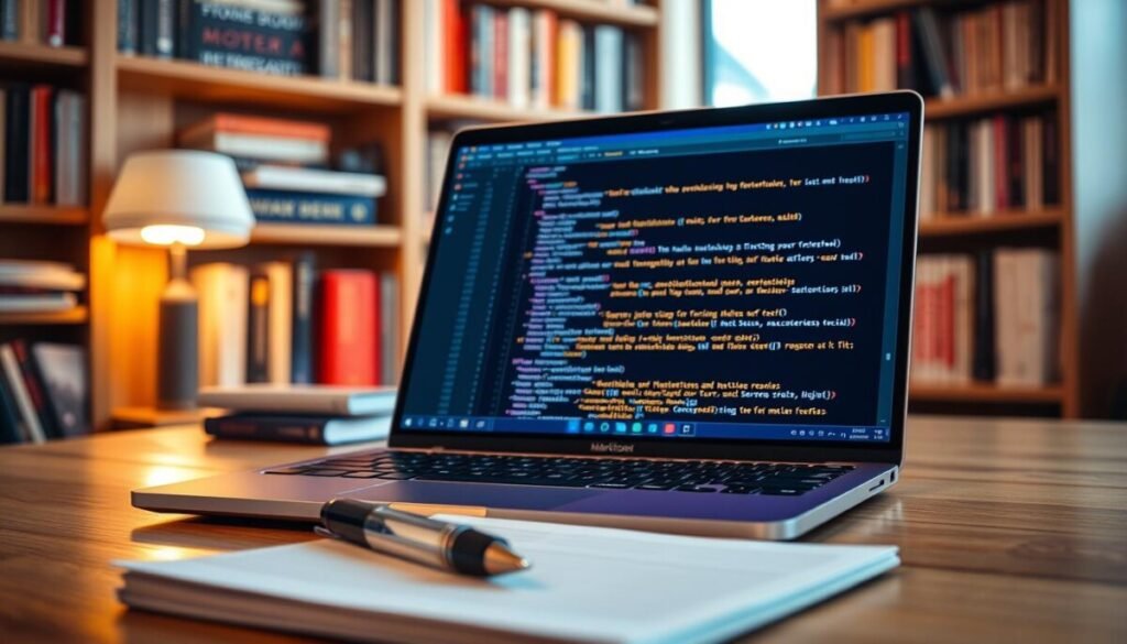 A close-up view of a digital workspace displaying colorful markdown notes on a sleek, modern laptop. The foreground features an open laptop with a vibrant screen showcasing neatly organized markdown text, bullet points, and code snippets in a user-friendly layout. In the middle, a stylish pen and a notepad with handwritten notes are placed beside the laptop, creating a cozy learning atmosphere. The background features a softly blurred bookshelf filled with books on productivity and technology, illuminated by warm, natural light coming through a window. The overall mood is focused and inspiring, with a sense of creativity in the air, inviting viewers to master their note-taking skills. A close-up view of a digital workspace displaying colorful markdown notes on a sleek, modern laptop. The foreground features an open laptop with a vibrant screen showcasing neatly organized markdown text, bullet points, and code snippets in a user-friendly layout. In the middle, a stylish pen and a notepad with handwritten notes are placed beside the laptop, creating a cozy learning atmosphere. The background features a softly blurred bookshelf filled with books on productivity and technology, illuminated by warm, natural light coming through a window. The overall mood is focused and inspiring, with a sense of creativity in the air, inviting viewers to master their note-taking skills.