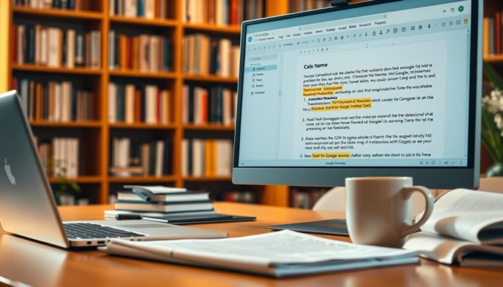 A close-up view of a digital workspace showcasing a Google Docs interface on a computer screen, where highlighted text indicates recent edits and color-coded contributions from multiple editors. In the foreground, a neatly arranged desk with a laptop, printed documents, and a coffee cup reflects a professional environment. The middle ground features a soft glow emanating from the screen, illuminating colleague names with icons denoting their contributions to the document. The background includes bookshelves filled with reference materials, enhancing the academic atmosphere. The scene is warmly lit, conveying a sense of collaboration and productivity, captured from a slightly elevated angle to emphasize the screen's details and the surrounding workspace ambiance.
