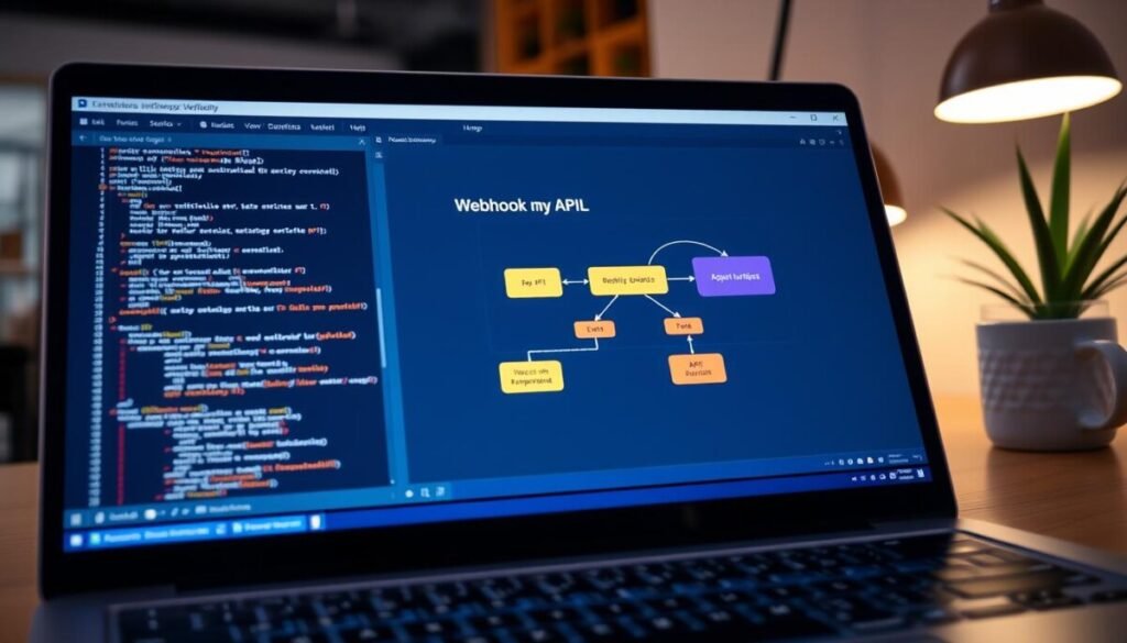 A close-up view of a digital workspace showcasing a computer screen displaying a simplified graphical representation of a webhook URL setup. The foreground features a sleek laptop with code snippets and a debugger tool open, illuminated by bright, white LED desk lighting. In the middle, a vibrant diagram illustrates the flow of data between a server and an API, highlighting the connection points and endpoints. The background includes soft-focus elements of a modern office setting, with a potted plant and a coffee mug on a wooden desk, conveying a professional and inviting atmosphere. The lighting is bright yet soft, creating an energizing and focused mood, suitable for technical discussions.