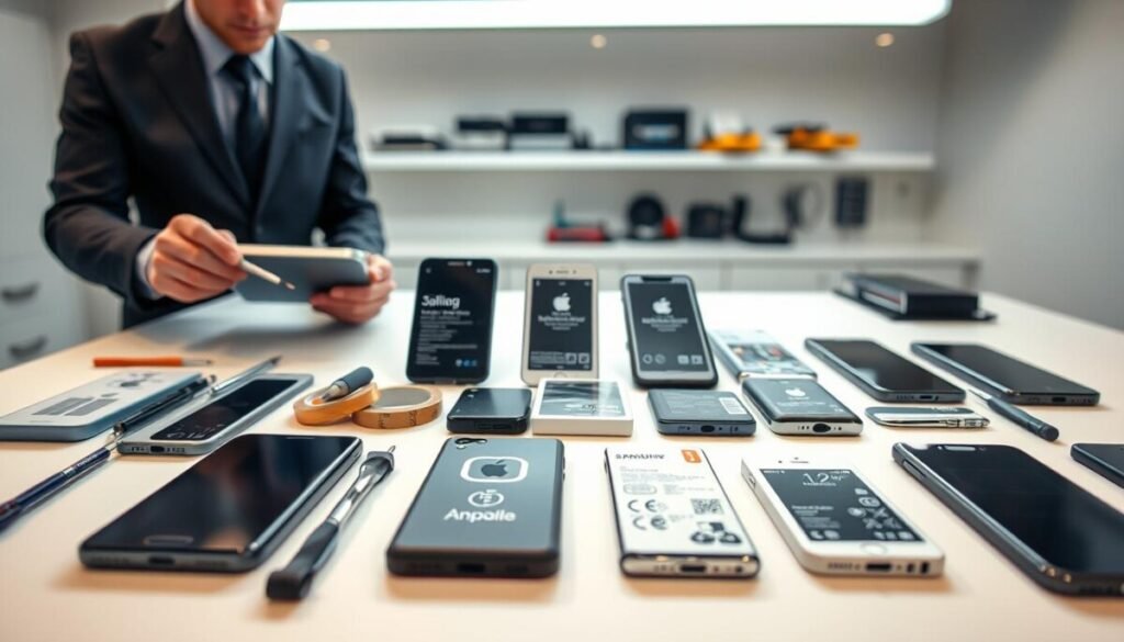 A close-up view of a diverse array of phone battery replacement options laid out on a clean, minimalist workbench. In the foreground, a professional technician, dressed in a smart, professional outfit, is examining a battery replacement kit, including tools like a screwdriver and adhesive tape. In the middle, there are various branded rechargeable batteries from Apple and Samsung, alongside third-party alternatives, showcasing differences in size and design. The background features a well-organized workspace with a bright overhead light casting a soft glow, highlighting the focus on the batteries and tools. The atmosphere is calm and professional, emphasizing the thoughtful approach to battery replacement choices. A close-up view of a diverse array of phone battery replacement options laid out on a clean, minimalist workbench. In the foreground, a professional technician, dressed in a smart, professional outfit, is examining a battery replacement kit, including tools like a screwdriver and adhesive tape. In the middle, there are various branded rechargeable batteries from Apple and Samsung, alongside third-party alternatives, showcasing differences in size and design. The background features a well-organized workspace with a bright overhead light casting a soft glow, highlighting the focus on the batteries and tools. The atmosphere is calm and professional, emphasizing the thoughtful approach to battery replacement choices.