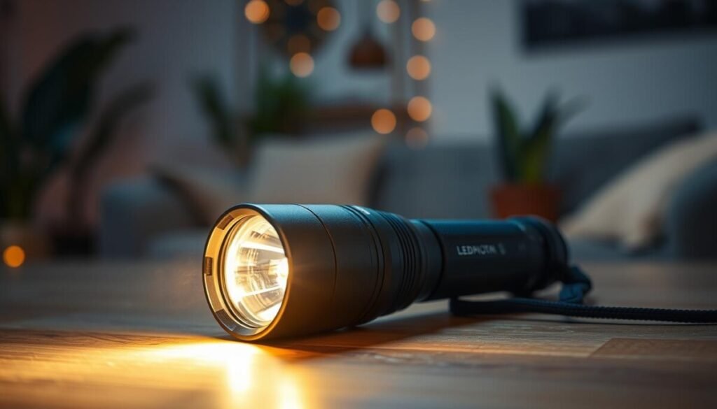 A close-up view of a flashlight resting on a wooden table, its casing subtly overheated, exuding a faint shimmer of heat waves. The flashlight's bright LED bulb casts a warm, diffused glow, illuminating the surface beneath it. In the background, a blurred image of a cozy living room filled with soft, ambient lighting and plants to evoke a sense of warmth and comfort. The overall atmosphere should feel inviting yet cautionary, with a slight haze around the flashlight suggesting excessive heat. Use a soft focus to highlight the flashlight's details while ensuring the lighting captures the essence of warmth and usage habits. No human subjects present. A close-up view of a flashlight resting on a wooden table, its casing subtly overheated, exuding a faint shimmer of heat waves. The flashlight's bright LED bulb casts a warm, diffused glow, illuminating the surface beneath it. In the background, a blurred image of a cozy living room filled with soft, ambient lighting and plants to evoke a sense of warmth and comfort. The overall atmosphere should feel inviting yet cautionary, with a slight haze around the flashlight suggesting excessive heat. Use a soft focus to highlight the flashlight's details while ensuring the lighting captures the essence of warmth and usage habits. No human subjects present.