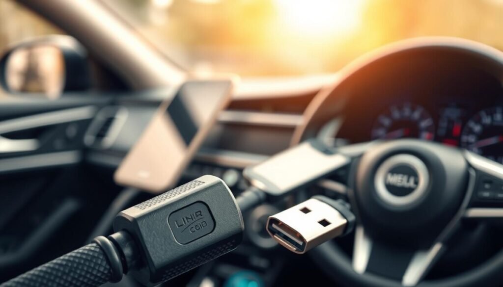 A close-up view of a high-quality USB cable, showcasing its textured surface and detailed connectors. The cable is positioned prominently in the foreground, with its distinct color and branding clearly visible. In the middle ground, a smartphone with a clear display is partially connected to the cable, hinting at the theme of connectivity. The background is softly blurred, featuring a car interior with a modern dashboard to suggest an automotive context. Soft, natural lighting illuminates the scene, creating a warm and inviting atmosphere. The angle captures the cable's length, emphasizing its importance in connectivity, while maintaining a professional and technical mood. A close-up view of a high-quality USB cable, showcasing its textured surface and detailed connectors. The cable is positioned prominently in the foreground, with its distinct color and branding clearly visible. In the middle ground, a smartphone with a clear display is partially connected to the cable, hinting at the theme of connectivity. The background is softly blurred, featuring a car interior with a modern dashboard to suggest an automotive context. Soft, natural lighting illuminates the scene, creating a warm and inviting atmosphere. The angle captures the cable's length, emphasizing its importance in connectivity, while maintaining a professional and technical mood.