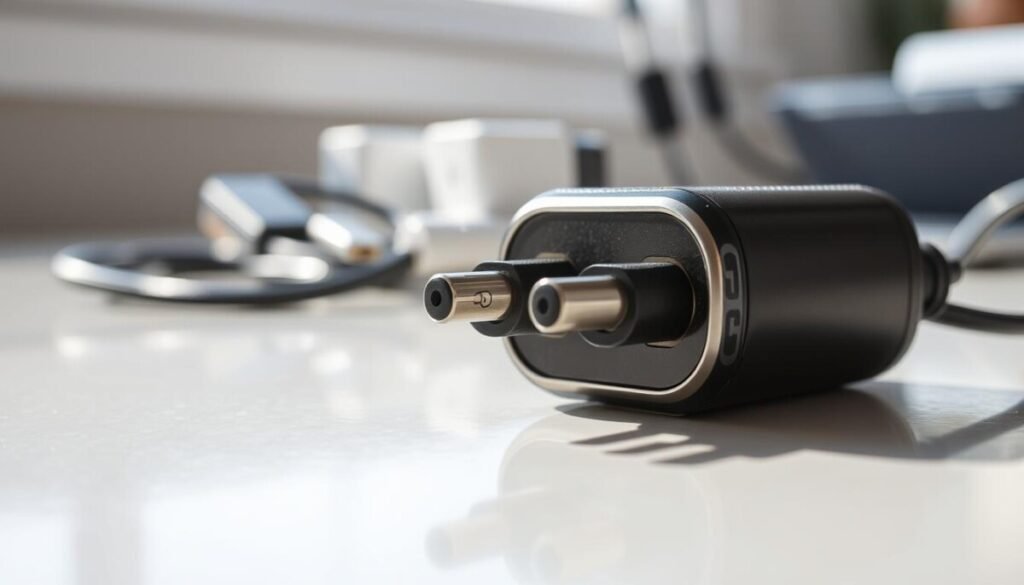 A close-up view of a high-quality phone charger placed on a sleek, reflective surface. The charger features robust materials, showcasing intricate details like reinforced connectors and sturdy, flexible cables, emphasizing its build quality. In the background, blurred images of counterfeit chargers can be seen, hinting at lower quality with frayed cables and mismatched colors. Bright, natural lighting illuminates the scene, casting soft shadows that enhance the texture of the charger, while a slight overhead angle reveals its ergonomic design. The atmosphere conveys a sense of caution and evaluation, allowing viewers to appreciate the differences in quality at a glance. A close-up view of a high-quality phone charger placed on a sleek, reflective surface. The charger features robust materials, showcasing intricate details like reinforced connectors and sturdy, flexible cables, emphasizing its build quality. In the background, blurred images of counterfeit chargers can be seen, hinting at lower quality with frayed cables and mismatched colors. Bright, natural lighting illuminates the scene, casting soft shadows that enhance the texture of the charger, while a slight overhead angle reveals its ergonomic design. The atmosphere conveys a sense of caution and evaluation, allowing viewers to appreciate the differences in quality at a glance.