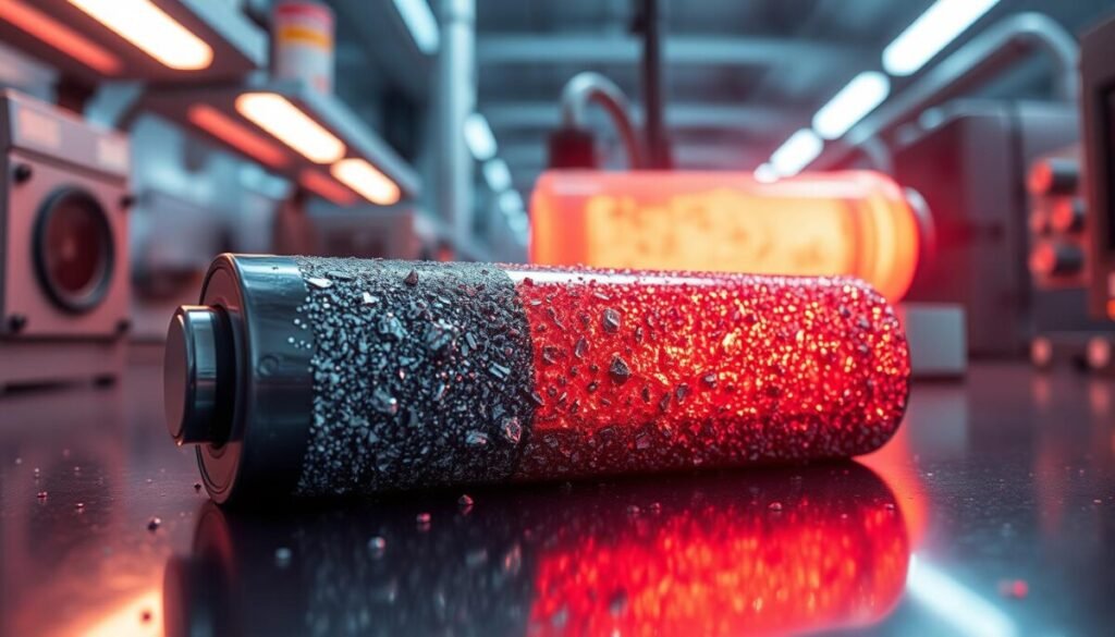 A close-up view of a lithium-ion battery experiencing lithium plating, highlighting the crystalline deposits forming on the anode surface due to excessive fast charging heat. The foreground should feature a detailed, textured surface of the battery's anode with shimmering metallic crystals reflecting light. In the middle ground, display the battery being subjected to intense heat, represented by glowing red and orange hues radiating from a heat source, creating a contrast with the cool, static elements. The background should depict a laboratory setting with high-tech equipment, softly illuminated by overhead lights, emphasizing the serious mood of scientific investigation. The overall atmosphere should convey caution and a focus on risks associated with battery technology. No text or additional elements should be present. A close-up view of a lithium-ion battery experiencing lithium plating, highlighting the crystalline deposits forming on the anode surface due to excessive fast charging heat. The foreground should feature a detailed, textured surface of the battery's anode with shimmering metallic crystals reflecting light. In the middle ground, display the battery being subjected to intense heat, represented by glowing red and orange hues radiating from a heat source, creating a contrast with the cool, static elements. The background should depict a laboratory setting with high-tech equipment, softly illuminated by overhead lights, emphasizing the serious mood of scientific investigation. The overall atmosphere should convey caution and a focus on risks associated with battery technology. No text or additional elements should be present.