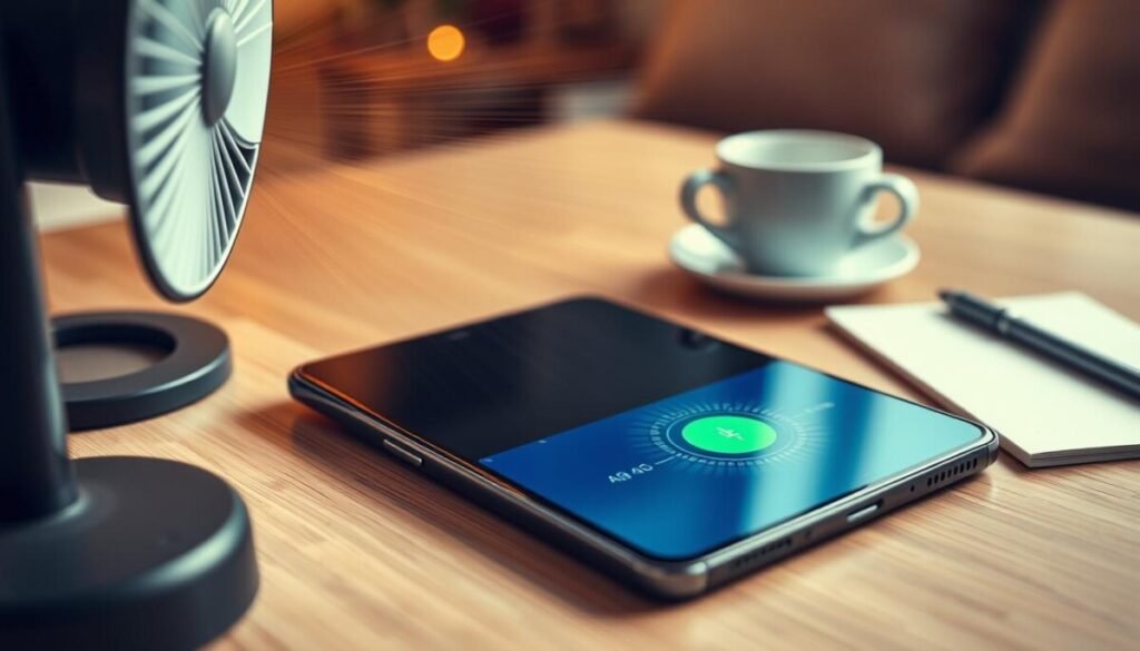 A close-up view of a modern Android smartphone resting on a sleek wooden surface, with visible heatwaves radiating from its back. The phone's screen is illuminated, showcasing an active charging interface. In the foreground, a small desk fan blows cool air towards the phone, emphasizing the cooling process. The middle ground features a stylish coffee cup and a notepad with pen, creating a cozy workspace feel. The background displays a softly blurred room with warm ambient lighting, suggesting a comfortable home environment. The atmosphere conveys a sense of urgency but also hope, focusing on the essential steps to cool down the device. The perspective is slightly angled from above, enhancing the sense of action. A close-up view of a modern Android smartphone resting on a sleek wooden surface, with visible heatwaves radiating from its back. The phone's screen is illuminated, showcasing an active charging interface. In the foreground, a small desk fan blows cool air towards the phone, emphasizing the cooling process. The middle ground features a stylish coffee cup and a notepad with pen, creating a cozy workspace feel. The background displays a softly blurred room with warm ambient lighting, suggesting a comfortable home environment. The atmosphere conveys a sense of urgency but also hope, focusing on the essential steps to cool down the device. The perspective is slightly angled from above, enhancing the sense of action.