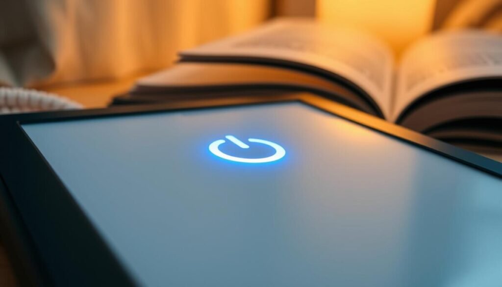 A close-up view of a modern Kindle e-reader device, prominently featuring a power button illuminated in a soft blue glow, symbolizing the act of performing a hard reset to solve issues such as pending downloads. The foreground showcases the sleek design of the Kindle, with the power button centered, reflecting light for a high-tech ambiance. In the middle ground, there are gentle shadows cast by soft, diffused lighting that adds depth to the image, enhancing the minimalist aesthetic of the device. The background is softly blurred, showcasing a cozy reading nook with warm colors and soft textures, implying a comforting atmosphere. The overall mood is calm and focused, inviting viewers to consider the solution for their Kindle issues. The image is well-composed, with a slight angle to highlight the power button distinctly. A close-up view of a modern Kindle e-reader device, prominently featuring a power button illuminated in a soft blue glow, symbolizing the act of performing a hard reset to solve issues such as pending downloads. The foreground showcases the sleek design of the Kindle, with the power button centered, reflecting light for a high-tech ambiance. In the middle ground, there are gentle shadows cast by soft, diffused lighting that adds depth to the image, enhancing the minimalist aesthetic of the device. The background is softly blurred, showcasing a cozy reading nook with warm colors and soft textures, implying a comforting atmosphere. The overall mood is calm and focused, inviting viewers to consider the solution for their Kindle issues. The image is well-composed, with a slight angle to highlight the power button distinctly.