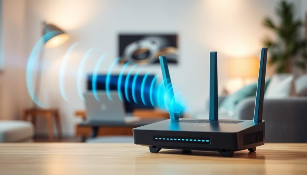 A close-up view of a modern Wi-Fi router emitting a visual representation of the 2.4 GHz band. In the foreground, depict a glowing signal wave emanating from the router, illustrated as vibrant light waves in shades of blue and green to signify connectivity. In the middle ground, display a sleek, minimalist workspace featuring a laptop and a Sonos speaker, emphasizing a connected lifestyle. The background should be blurred to suggest a cozy living room setting with soft, ambient lighting, creating an inviting atmosphere. Use a shallow depth of field to highlight the router and signal waves while keeping the surroundings gently out of focus. Aim for a professional, calm mood, indicating technological efficiency and problem-solving. A close-up view of a modern Wi-Fi router emitting a visual representation of the 2.4 GHz band. In the foreground, depict a glowing signal wave emanating from the router, illustrated as vibrant light waves in shades of blue and green to signify connectivity. In the middle ground, display a sleek, minimalist workspace featuring a laptop and a Sonos speaker, emphasizing a connected lifestyle. The background should be blurred to suggest a cozy living room setting with soft, ambient lighting, creating an inviting atmosphere. Use a shallow depth of field to highlight the router and signal waves while keeping the surroundings gently out of focus. Aim for a professional, calm mood, indicating technological efficiency and problem-solving.