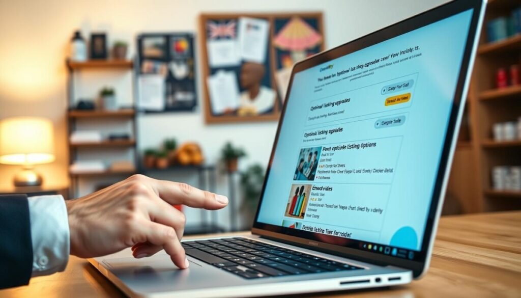 A close-up view of a modern eBay listing page on a sleek laptop screen, showcasing vibrant optional listing upgrades like bold text, highlighted images, and embedded videos. In the foreground, a hand in professional attire is interacting with the laptop, pointing at upgrade options. The middle section features a blurred background of a cozy home office with soft lighting, displaying items for sale on shelves and a bulletin board filled with sale tips. The overall atmosphere is focused and professional, conveying the excitement of boosting sales through strategic listing upgrades. The image captures warm tones with a subtle glow from a desk lamp, creating an inviting and engaging mood without any text or annotations.