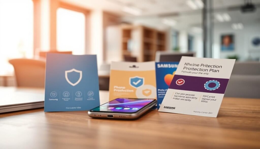 A close-up view of a modern office desk with a focus on a sleek smartphone displaying a vibrant screen. Surrounding the phone are three distinct protection plan brochures: one for Apple, one for Samsung, and one for a major carrier. Each brochure features eye-catching graphics and icons that symbolize phone protection, like a shield and checkmarks, in bright colors. The background features a softly blurred image of a professional office environment, bathed in warm, natural light filtering through a window. A subtle depth of field effect emphasizes the brochures in the foreground while providing context with office elements in the mid-ground. The mood is informative and professional, creating a sense of reliability and trust. A close-up view of a modern office desk with a focus on a sleek smartphone displaying a vibrant screen. Surrounding the phone are three distinct protection plan brochures: one for Apple, one for Samsung, and one for a major carrier. Each brochure features eye-catching graphics and icons that symbolize phone protection, like a shield and checkmarks, in bright colors. The background features a softly blurred image of a professional office environment, bathed in warm, natural light filtering through a window. A subtle depth of field effect emphasizes the brochures in the foreground while providing context with office elements in the mid-ground. The mood is informative and professional, creating a sense of reliability and trust.
