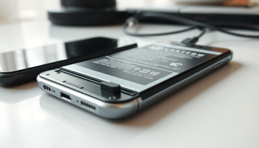 A close-up view of a modern smartphone battery, showcasing its intricate design with visible circuits and connectors, placed on a sleek white surface. In the foreground, the focus should be on the battery, reflecting its metallic texture under soft, diffused lighting. The middle ground can feature the edge of a smartphone, partially obscuring the battery, emphasizing its role in battery health management. The background is softly blurred, hinting at a cozy workspace with a minimalistic aesthetic, perhaps including a charger and a charging cable. The mood is informative yet calm, suggesting careful management of technology and battery longevity, ideal for a professional article illustration.