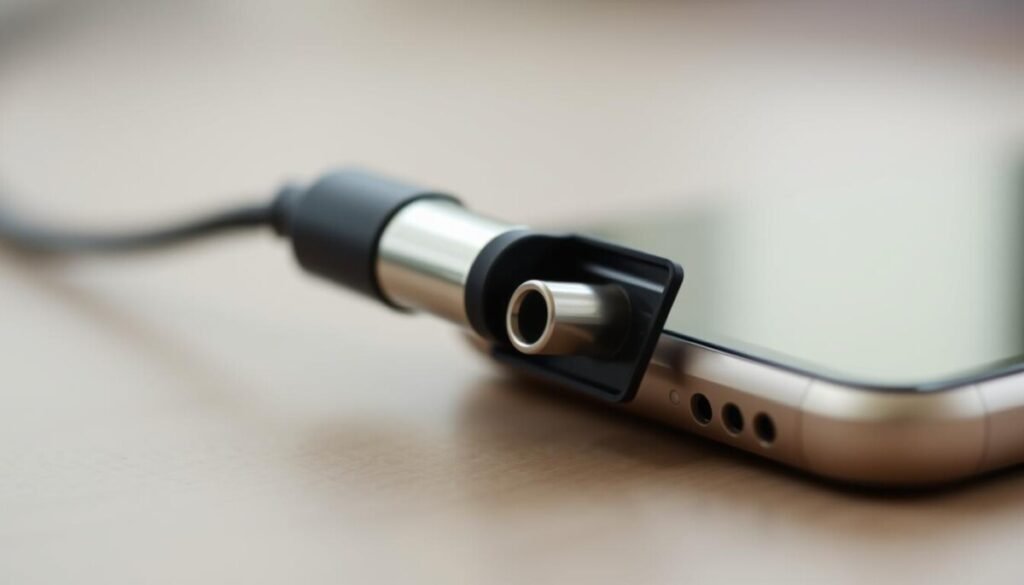 A close-up view of a modern smartphone charging port, showcasing intricate details such as the metallic connectors and plastic casing. The scene is set against a soft-focus background of a slightly blurred charging cable in muted, complementary colors to emphasize the charging port in the foreground. Natural, diffused lighting enhances the shine of the connectors, creating a high-tech atmosphere. The angle is slightly tilted upward for a dynamic perspective, inviting the viewer's gaze toward the port. The mood is one of urgency and clarity, capturing the essence of troubleshooting with a focus on technology's functionality. No text or watermarks are included in the image. A close-up view of a modern smartphone charging port, showcasing intricate details such as the metallic connectors and plastic casing. The scene is set against a soft-focus background of a slightly blurred charging cable in muted, complementary colors to emphasize the charging port in the foreground. Natural, diffused lighting enhances the shine of the connectors, creating a high-tech atmosphere. The angle is slightly tilted upward for a dynamic perspective, inviting the viewer's gaze toward the port. The mood is one of urgency and clarity, capturing the essence of troubleshooting with a focus on technology's functionality. No text or watermarks are included in the image.