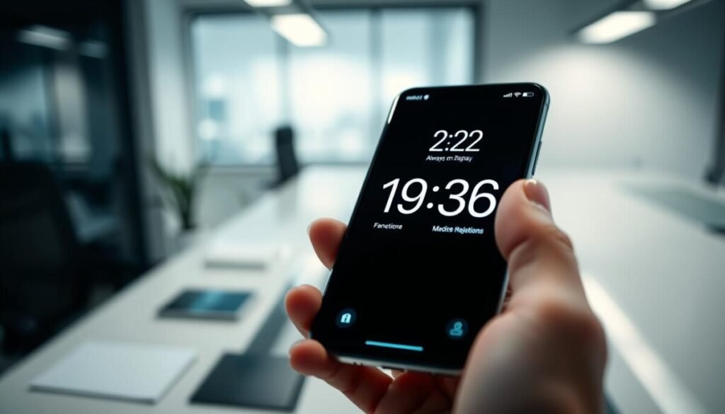 A close-up view of a modern smartphone displaying an 'Always On Display' feature, showcasing vibrant clock digits and notifications against a dark screen. In the foreground, the phone is held in a professional business environment, with a polished desktop and blurred office items subtly in the background. Soft, diffused lighting enhances the technological feel while casting gentle shadows, giving a sense of time progression. The smartphone's screen glow is contrasted against the muted tones of the office, evoking a mood of efficiency and focus. Capture the angle from slightly above the phone, emphasizing the details of the display while maintaining the sleek, minimalist aesthetic of modern technology.