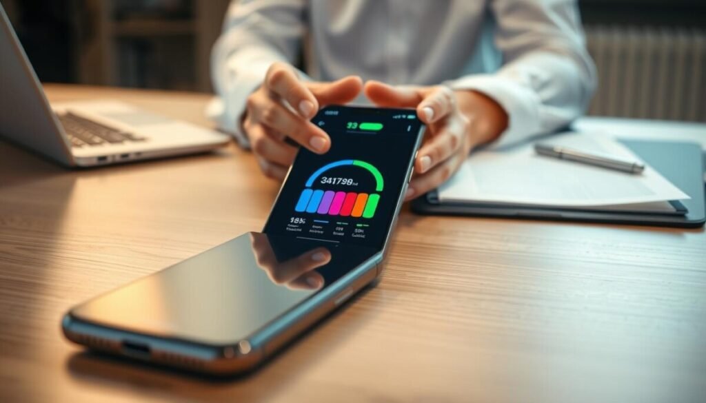 A close-up view of a modern smartphone displaying an on-screen diagnostic of battery health. In the foreground, the smartphone sits on a sleek wooden desk, its screen brightly lit to reveal a colorful graphical representation of battery statistics, such as percentage, temperature, and charge cycles. In the middle ground, a pair of professional hands gently holds the phone, subtly suggesting usage. The background features a blurred view of office tools like a laptop and notepad, creating a focused environment. Soft, ambient lighting highlights the phone, creating a tech-savvy and productive atmosphere. The mood is professional and informative, ideal for showcasing battery diagnostics through built-in tools, with an emphasis on clarity and detail.