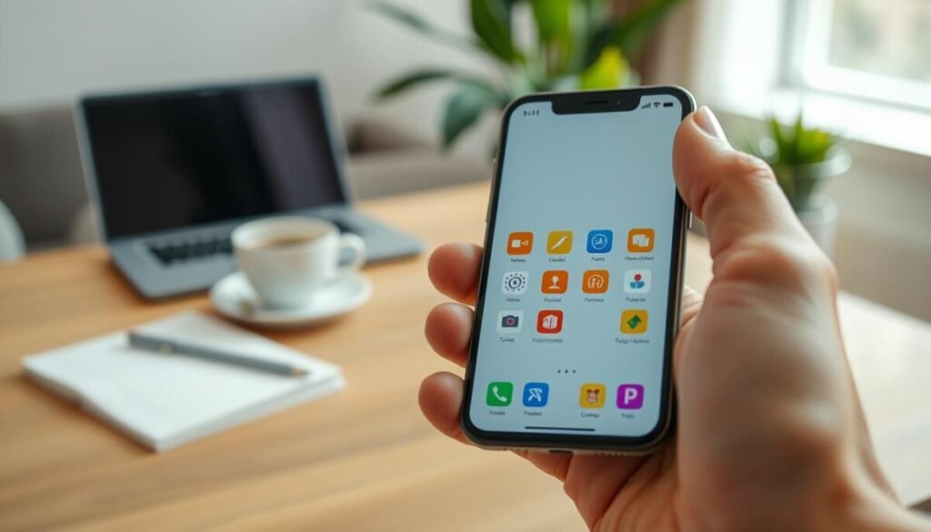 A close-up view of a modern smartphone displaying an organized, minimalist app layout, showcasing only essential applications like notes, calendar, and productivity tools. In the foreground, a hand is gently rearranging apps on the screen, emphasizing the action of streamlining. The middle ground includes a softly blurred, stylish workspace with a laptop, coffee cup, and a notepad, suggesting a focus on productivity and clarity. The background depicts a cozy, well-lit room with greenery for a refreshing ambiance. The lighting is bright and natural, enhancing the clean aesthetic, shot with a shallow depth of field to emphasize the smartphone while the surrounding elements remain softly out of focus. The overall mood is efficient and calm, encouraging a sense of digital peace and order.