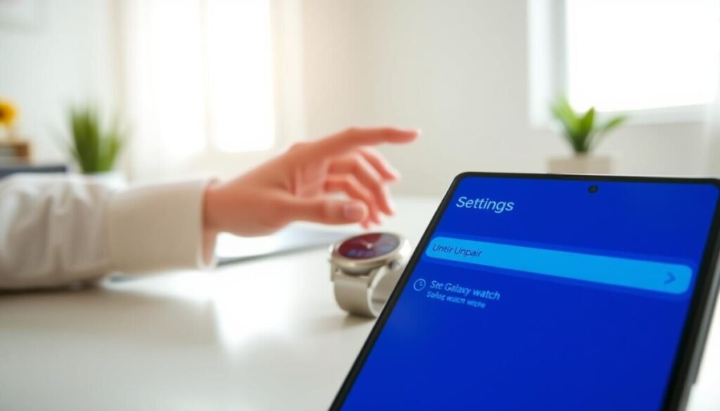 A close-up view of a modern smartphone displaying the settings menu for unpairing a Samsung Galaxy Watch. In the foreground, the phone screen shows a vivid interface with a clear “Unpair” button highlighted, accompanied by an illustration of a smartwatch. The watch is positioned beside the phone, sleek and metallic with a round face, showcasing its features. In the middle ground, a subtle hand gently reaches towards the phone, emphasizing interaction. The background is softly blurred, featuring a well-lit, minimalist workspace setting with natural sunlight streaming in. The atmosphere is calm and focused, highlighting the importance of connectivity in technology. The overall lighting is soft and diffused, providing an inviting and professional feel to the scene.