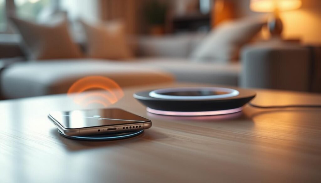 A close-up view of a modern smartphone on a sleek wireless charging pad, with visual heat waves gently rising from the device, creating a subtle atmosphere of warmth. The foreground features the smartphone's screen glowing slightly, emphasizing an active charging status. In the middle ground, the charging pad is highlighted with soft, focused lighting that accentuates its futuristic design. The background is a blurred, elegant home environment, hinting at a cozy living space. The color palette should include warm tones, like soft golds and deep blues, to evoke a feeling of comfort and innovation. Utilize a shallow depth of field to draw attention to the intricate details of the smartphone and charging pad, creating an engaging mood of curiosity and subtle tension around the concept of heat generation during wireless charging.