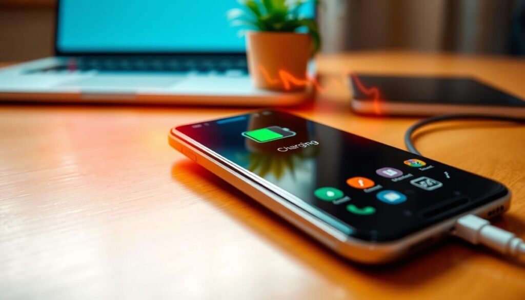 A close-up view of a modern smartphone on a wooden desk, visibly warm with heat waves rising around it, giving a sense of excess warmth. The phone's screen shows a bright battery charging icon and various app icons illuminated. In the background, soft focus reveals a laptop and a potted plant, contributing to a tech-savvy and comfortable workspace atmosphere. The lighting is warm and inviting, with a slight glare reflecting off the phone's screen to emphasize its warmth. The angle is slightly tilted to showcase the device's sleek design and the surrounding elements, evoking a sense of concern about overheating while charging, all while maintaining a clean and professional aesthetic. A close-up view of a modern smartphone on a wooden desk, visibly warm with heat waves rising around it, giving a sense of excess warmth. The phone's screen shows a bright battery charging icon and various app icons illuminated. In the background, soft focus reveals a laptop and a potted plant, contributing to a tech-savvy and comfortable workspace atmosphere. The lighting is warm and inviting, with a slight glare reflecting off the phone's screen to emphasize its warmth. The angle is slightly tilted to showcase the device's sleek design and the surrounding elements, evoking a sense of concern about overheating while charging, all while maintaining a clean and professional aesthetic.