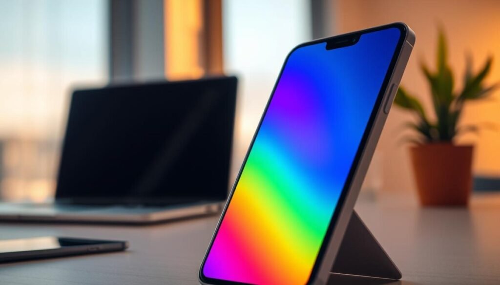 A close-up view of a modern smartphone screen displaying a vibrant, multicolored spectrum indicating different brightness levels, from dim to bright. The foreground features the phone tilted slightly, catching soft light that creates subtle reflections on its surface. In the middle ground, blurred elements of an office workspace, including a laptop and some indoor plants, suggest a productive environment. The background features a soft-focus gradient resembling a bright daylight sky transitioning to a darker evening. The lighting is warm and inviting, creating a calming atmosphere that emphasizes the significance of brightness settings on device usage. The overall mood reflects a balance of technology and nature, highlighting how adjustable brightness can enhance screen visibility and battery performance. A close-up view of a modern smartphone screen displaying a vibrant, multicolored spectrum indicating different brightness levels, from dim to bright. The foreground features the phone tilted slightly, catching soft light that creates subtle reflections on its surface. In the middle ground, blurred elements of an office workspace, including a laptop and some indoor plants, suggest a productive environment. The background features a soft-focus gradient resembling a bright daylight sky transitioning to a darker evening. The lighting is warm and inviting, creating a calming atmosphere that emphasizes the significance of brightness settings on device usage. The overall mood reflects a balance of technology and nature, highlighting how adjustable brightness can enhance screen visibility and battery performance.