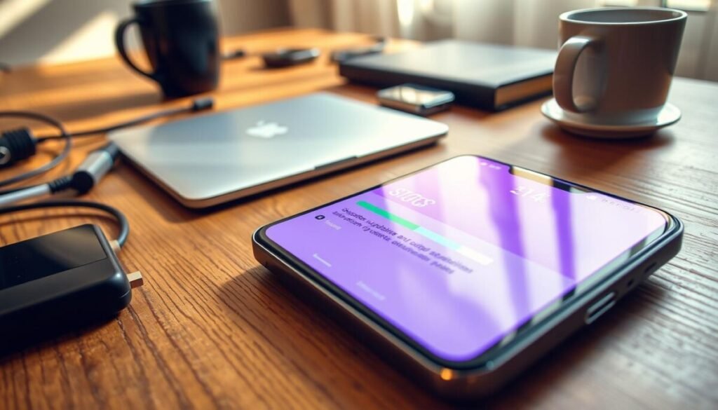 A close-up view of a modern smartphone screen displaying a vibrant system updates interface. The foreground features bright, engaging graphics showcasing download progress bars and update icons. In the middle, a sleek phone rests on a stylish wooden desk surrounded by scattered tech gadgets like a laptop, cables, and a coffee mug. The background includes a subtle hint of a cozy room with warm lighting, casting soft shadows, creating a tech-savvy atmosphere. The image should emphasize a sense of urgency and modernity, appealing to tech enthusiasts. Use natural lighting to enhance reflections on the phone screen, and capture the scene from a slightly elevated angle for a dynamic perspective. A close-up view of a modern smartphone screen displaying a vibrant system updates interface. The foreground features bright, engaging graphics showcasing download progress bars and update icons. In the middle, a sleek phone rests on a stylish wooden desk surrounded by scattered tech gadgets like a laptop, cables, and a coffee mug. The background includes a subtle hint of a cozy room with warm lighting, casting soft shadows, creating a tech-savvy atmosphere. The image should emphasize a sense of urgency and modernity, appealing to tech enthusiasts. Use natural lighting to enhance reflections on the phone screen, and capture the scene from a slightly elevated angle for a dynamic perspective.