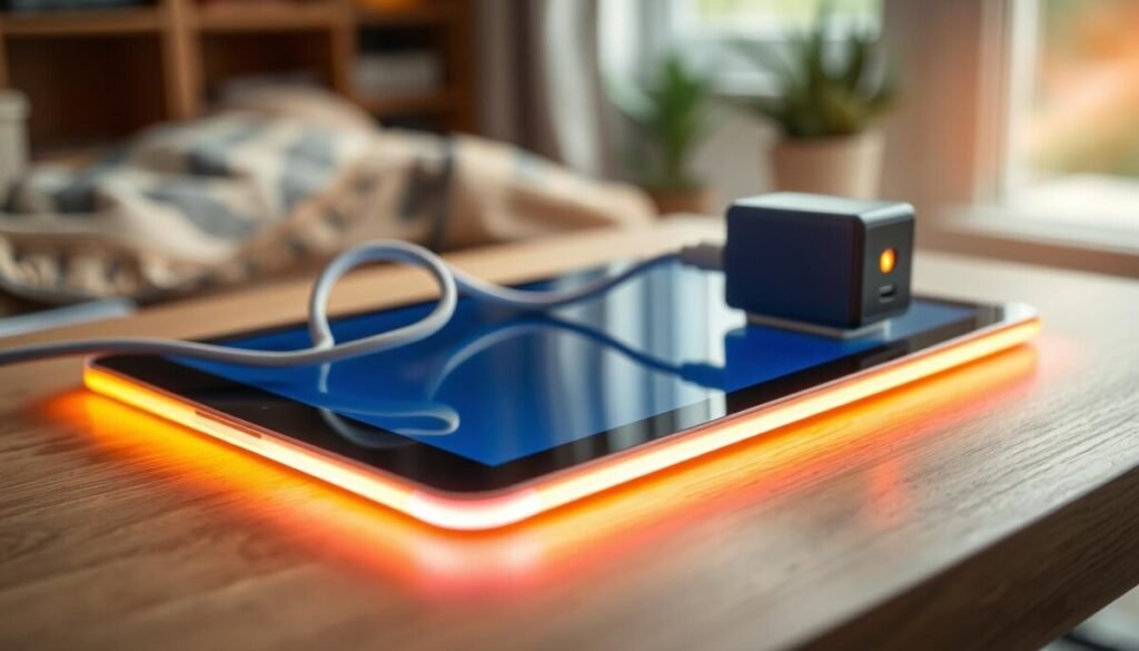 A close-up view of a modern tablet lying on a wooden desk, vibrantly illuminated with a warm glow to represent "charging heat". In the foreground, the tablet displays a subtle visual effect, such as glowing edges or gently rippling heat waves emanating from it. The middle layer includes a charging cable plugged into the tablet, slightly coiled, with the adapter in focus showcasing an LED indicator glowing warmly. In the background, a soft-focus of a cozy home environment is visible, perhaps a window with natural light streaming in, hinting at a comfort zone. The overall mood is calm and informative, emphasizing the warmth of the tablet in a safe, homey setting. Use soft lighting with a slight lens flare for a gentle atmosphere. A close-up view of a modern tablet lying on a wooden desk, vibrantly illuminated with a warm glow to represent "charging heat". In the foreground, the tablet displays a subtle visual effect, such as glowing edges or gently rippling heat waves emanating from it. The middle layer includes a charging cable plugged into the tablet, slightly coiled, with the adapter in focus showcasing an LED indicator glowing warmly. In the background, a soft-focus of a cozy home environment is visible, perhaps a window with natural light streaming in, hinting at a comfort zone. The overall mood is calm and informative, emphasizing the warmth of the tablet in a safe, homey setting. Use soft lighting with a slight lens flare for a gentle atmosphere.