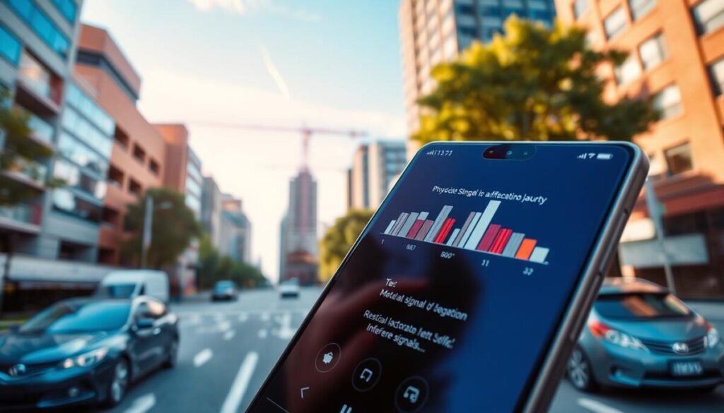 A close-up view of a modern urban environment showcasing various physical signal factors affecting location accuracy. In the foreground, depict a sleek, high-tech smartphone displaying a fluctuating signal strength indicator, with visible bars and icons. The middle ground features a mix of urban structures like buildings, trees, and vehicles, illustrating obstacles to signal transmission, with a clear view of a metal construction site that could interfere with signals. In the background, a bright blue sky serves as a backdrop, with soft, diffused sunlight creating an inviting atmosphere. The perspective should be slightly angled from above to provide depth. The overall mood should be informative and engaging, aimed at illustrating the challenges of maintaining signal strength in an everyday setting.
