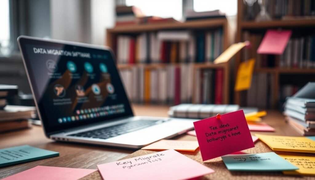 A close-up view of a neatly arranged desk featuring colorful notes and sticky papers in various shapes and sizes. The foreground displays vibrant sticky notes with bullet points and key ideas, carefully pinned to a corkboard with pushpins. In the middle, a sleek laptop is open, with recognizable icons related to data migration software on the screen, giving a sense of modernity and technology. In the background, there’s a soft-focus bookshelf filled with organized notebooks and reference books, indicating a knowledge-rich environment. Warm, natural lighting bathes the scene, creating an inviting atmosphere. A shallow depth of field emphasizes the notes while keeping the rest slightly blurred, enhancing the focus on the theme of organization and transfer of important information.
