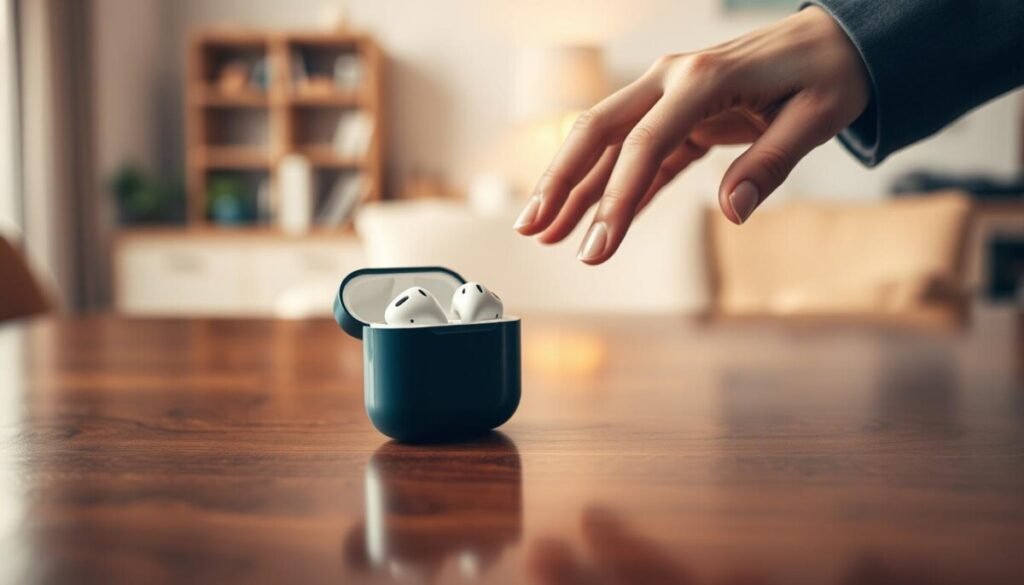 A close-up view of a pair of AirPods or earbuds in their charging case, placed on a polished wooden table. The case is slightly open, revealing the earbuds inside, surrounded by a soft glow indicating warmth. The foreground showcases small wisps of heat rising subtly from the case, illustrating a potential safety concern. In the middle ground, a hand wearing a modest, professional outfit reaches toward the case, suggesting caution and awareness. The background features a softly blurred home office setting with warm lighting, creating an inviting yet alert atmosphere. The focus is sharp on the case and hand, with a bokeh effect in the background. Overall, the image conveys a sense of safety awareness while being visually appealing.