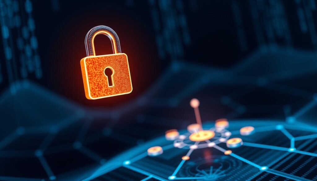 A close-up view of a secure digital environment representing webhook security. In the foreground, a glowing, encrypted lock symbol floating above a stylized network diagram, signifying protection of data flow. In the middle layer, various webhooks illustrated as interconnected nodes, demonstrating the flow between systems, with visual elements such as glowing data streams and connection lines. The background features a sleek, futuristic digital landscape with dark blue tones and binary code gently cascading, giving a sense of high-tech sophistication. Soft, diffused lighting highlights the lock and nodes, creating a focused and professional atmosphere, while ensuring the scene conveys a sense of security and trust.