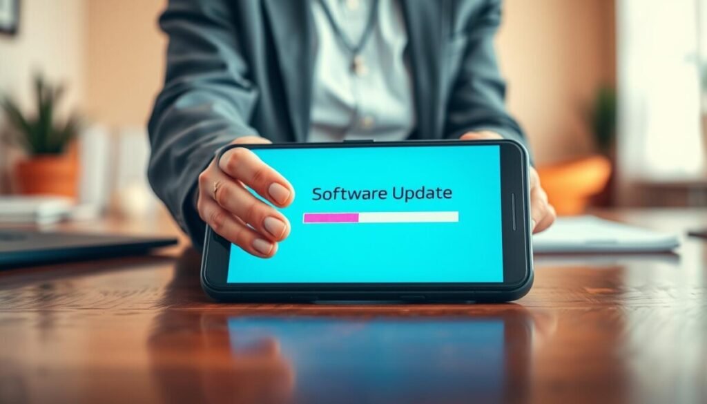 A close-up view of a sleek Android smartphone displaying a vibrant "Software Update" progress bar on its screen, set against a clean, modern workspace. The foreground features the phone on a polished wooden desk, with subtle reflections adding depth. In the middle, a pair of hands, dressed in smart business attire, are gently interacting with the device, emphasizing user involvement in system optimization. The background is softly blurred, showcasing a cozy office environment with warm pastel colors, a touch of greenery, and soft, diffused lighting that suggests a calm atmosphere. The overall mood is focused and professional, highlighting the importance of software updates for device performance. A close-up view of a sleek Android smartphone displaying a vibrant "Software Update" progress bar on its screen, set against a clean, modern workspace. The foreground features the phone on a polished wooden desk, with subtle reflections adding depth. In the middle, a pair of hands, dressed in smart business attire, are gently interacting with the device, emphasizing user involvement in system optimization. The background is softly blurred, showcasing a cozy office environment with warm pastel colors, a touch of greenery, and soft, diffused lighting that suggests a calm atmosphere. The overall mood is focused and professional, highlighting the importance of software updates for device performance.