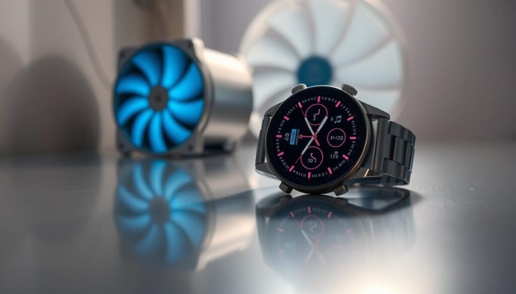 A close-up view of a sleek Galaxy Watch lying on a reflective surface, showcasing its modern design and vibrant display. The watch face is illuminated, displaying various health metrics like heart rate, step count, and temperature. In the background, a subtle hint of a cooling fan is visible, emitting a soft glow, symbolizing the concept of cooling down the device. Soft, ambient lighting casts gentle shadows to create a calm atmosphere, emphasizing the technology and its features. The angle is slightly tilted to capture both the watch's elegance and the cooling element, providing a dynamic perspective while maintaining a professional and informative mood.