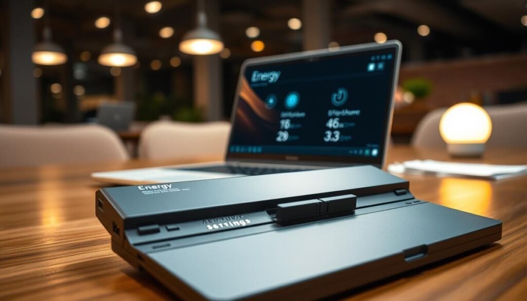 A close-up view of a sleek laptop battery, placed prominently in the foreground, showcasing intricate circuitry and a glossy exterior with a realistic finish. The battery is partially removed from the laptop, emphasizing its design and technical features. In the middle ground, a modern laptop sits open on a polished wooden desk, displaying energy settings on the screen, dimly lit to highlight the screen content without overpowering the battery focus. In the background, a softly blurred office environment is illuminated with warm, ambient lighting, contributing to a professional atmosphere. The overall mood is focused and technical, suggesting optimization and efficiency in laptop performance.