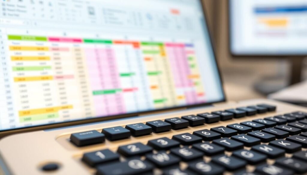 A close-up view of a sleek, modern formula bar in a vibrant Excel interface, prominently displaying complex calculations and formulas. In the foreground, the formula bar is highlighted with smooth, reflective surfaces reflecting ambient office lighting. The middle layer showcases a blurred spreadsheet grid filled with colorful, neatly arranged cells, some containing numerical data and others displaying text. In the background, soft-focus office elements like a stylish keyboard and a subtle hint of a computer monitor create a professional atmosphere. The lighting is bright but soft, evoking a sense of focus and productivity. The overall mood is efficient and organized, perfect for showcasing the power of Excel's formula management capabilities. A close-up view of a sleek, modern formula bar in a vibrant Excel interface, prominently displaying complex calculations and formulas. In the foreground, the formula bar is highlighted with smooth, reflective surfaces reflecting ambient office lighting. The middle layer showcases a blurred spreadsheet grid filled with colorful, neatly arranged cells, some containing numerical data and others displaying text. In the background, soft-focus office elements like a stylish keyboard and a subtle hint of a computer monitor create a professional atmosphere. The lighting is bright but soft, evoking a sense of focus and productivity. The overall mood is efficient and organized, perfect for showcasing the power of Excel's formula management capabilities.