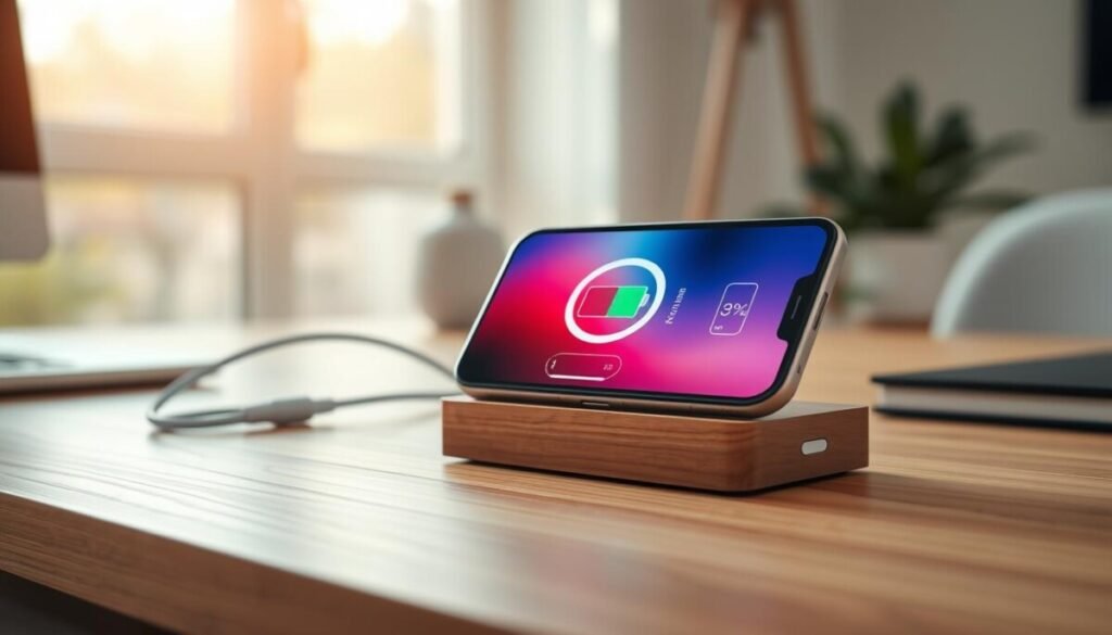 A close-up view of a sleek, modern smartphone, specifically an iPhone, placed on a wooden charging dock, with a digital display showing battery percentage and optimized charging settings. In the foreground, focus on the phone's screen, glowing with vibrant colors that indicate charging limits and battery health. The middle ground features a charging cable neatly arranged beside the dock, while in the background, a softly lit room with a minimalist desk setup conveys a professional atmosphere. Natural sunlight filters through a window, creating warm, inviting shadows. The mood is calm and informative, highlighting the essence of technology and battery efficiency in everyday life. Emphasize clean lines and a polished aesthetic with shallow depth of field for a sharp focus on the phone.