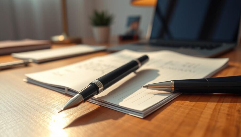 A close-up view of a sleek, modern writing tool, such as a sophisticated fountain pen and a digital tablet stylus, elegantly positioned on a wooden desk. In the foreground, showcase the pen glistening in warm, natural light, while the stylus rests beside it, hinting at a blend of traditional and contemporary writing methods. In the middle, a partially opened notebook with handwritten notes sprawls across the desk, suggesting an active writing session. In the background, soft-focus elements like a laptop and a cozy desk lamp create a professional yet inviting workspace atmosphere. The overall mood is inspiring and productive, emphasizing clarity and creativity in selecting the right writing tool for varied workflows. The image is well-lit, capturing the textures and details of the tools, with a depth of field that enhances the focal points. A close-up view of a sleek, modern writing tool, such as a sophisticated fountain pen and a digital tablet stylus, elegantly positioned on a wooden desk. In the foreground, showcase the pen glistening in warm, natural light, while the stylus rests beside it, hinting at a blend of traditional and contemporary writing methods. In the middle, a partially opened notebook with handwritten notes sprawls across the desk, suggesting an active writing session. In the background, soft-focus elements like a laptop and a cozy desk lamp create a professional yet inviting workspace atmosphere. The overall mood is inspiring and productive, emphasizing clarity and creativity in selecting the right writing tool for varied workflows. The image is well-lit, capturing the textures and details of the tools, with a depth of field that enhances the focal points.